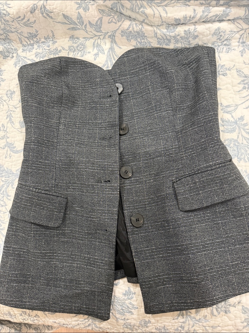 Zara Gray Plaid Strapless Bustier Blazer